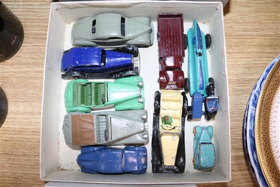 Various pre-war Dinky cars, tinplate toys, two mickey mouse felt toys, boxed street gas lamp etc